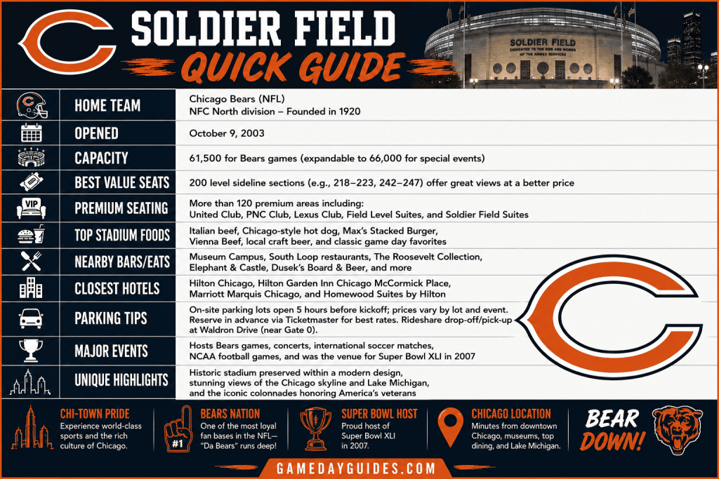Soldier Field Chicago: Seating Chart, Capacity & Bag Policy 3 Soldier Field Chicago: Seating Chart, Capacity & Bag Policy.